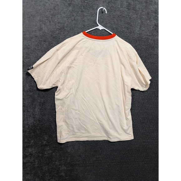 The Museum Mens XL Cream Graphic T-Shirt Orange Ringer Neck Winged Guitar Logo - Picture 2 of 7